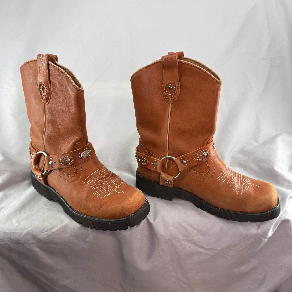 Roper 9.5 Brown Leather Western Harness Chunk Boots Studded Lug Sole Womens